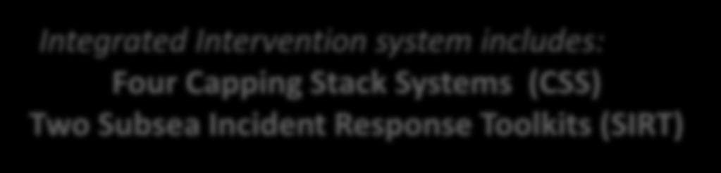 Integrated Subsea Intervention System Integrated Intervention system includes: Four Capping Stack Systems (CSS) Two Subsea Incident Response Toolkits (SIRT) Available for the majority of