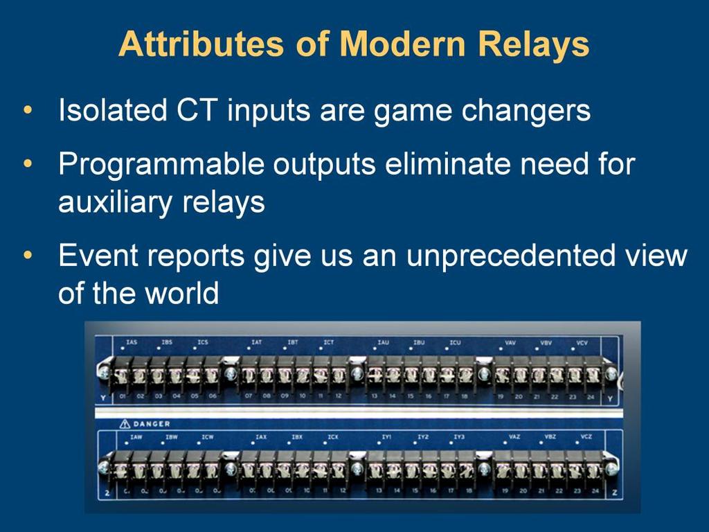 Isolated, low-burden, six-terminal, CT inputs with internal phase shift and zero-sequence compensation are game changers.