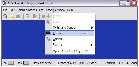 5.3 Terminal The terminal window accessed on the tools tab is shown in Figure 15. Figure 15 Acselerator Terminal tab [9] The terminal or command window is an interface with the relay using ASCII.