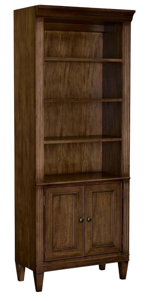Two doors with 1 adjustable shelf behind the doors, has 3 adjustable shelves in top section and one stationary shelf.