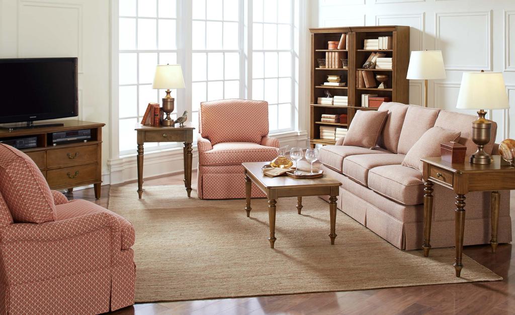 Living Room B COLOR SCHEME: Coral (Qty. 2) 110-840 End Table (Qty. 1) 110-900 Bookcase (Photo shown with qty. 2 Bookcases) (Qty.