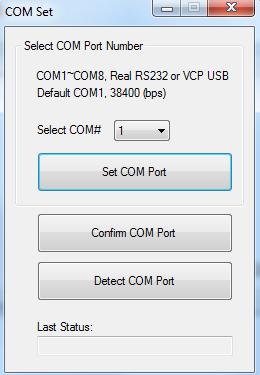 The bottom left corner (1) displays the program initialization status (Initializing or Ready) along with the COM Port number and Con Status (Connection Status).