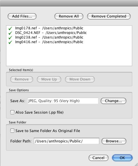 Reference 73 This dialog lets you set up a list of files to work through. You can also set the save options to use when each file is saved.