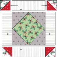 Sew a 2" x 5½" white/grey stripe rectangle to each side of a square in a square block. Press away from the block. 2. Sew a half square triangle post to each end of (2) 2" x 5½" white/grey stripe rectangles.