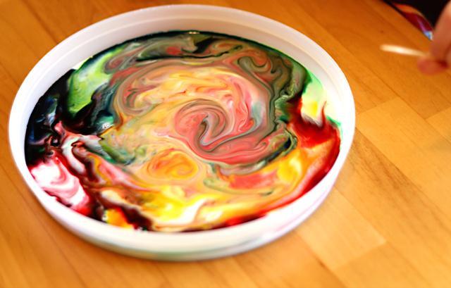 (8) Tie-Dye Milk Just like washing the dishes, but SO much more fun! * A flat tray (like a baking pan) * Food coloring * Whole milk (not any other kind!) * Liquid soap 1.