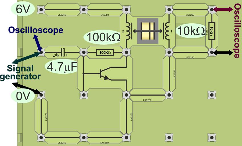 Again, a 10kΩ resistor acts as a load for the amplifier. The 2:1 transformer, connected as a step-down transformer, couples the output to the load. Set the DC power supply to output 6V.