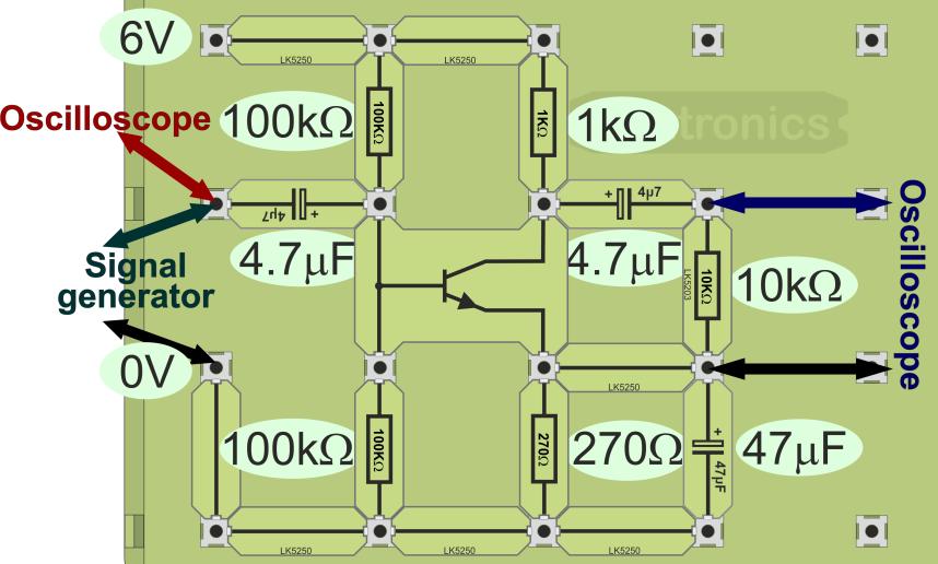 A suitable layout is given underneath, including a 10kΩ resistor, added as a load for the amplifier, once more. Set the DC power supply to 6V.