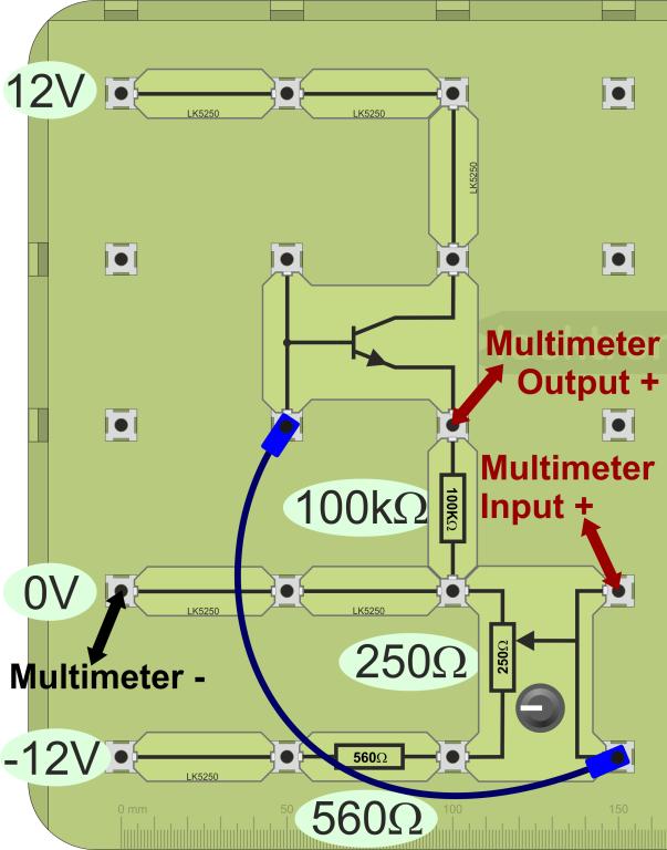 Over to you: Build the circuit shown opposite. A suitable layout is given underneath. Use the pot to vary the input voltage. Watch the voltmeters as you do so.