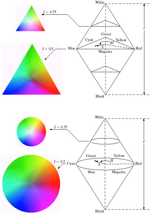 TRIANGULAR AND CIRCULAR COLOR PLANES IN THE HSI