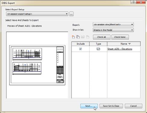 1. In the DWG Export dialog, on the right, click the Export drop-down and choose: <insession view/sheet set>. The Show in list drop-down will appear. 2. Choose: Sheets in the Model. 3.