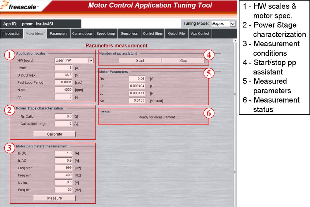 Tuning and Controlling the Application Figure 13. PMSM identification tab Connect motor Run Number of pp assistant Enter Application Scales, Is DC and Is AC No pp know?