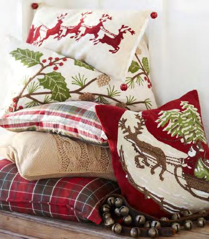 Monogram Appliqué, $35 G. Red Wreath Embroidered Pillow Cover, $49 H. Deer in Snow, $29 J. Painted Holly Branch, $39 k.