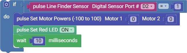 In this set of blocks, the motors will stop when the Line Finder Sensor detects a black