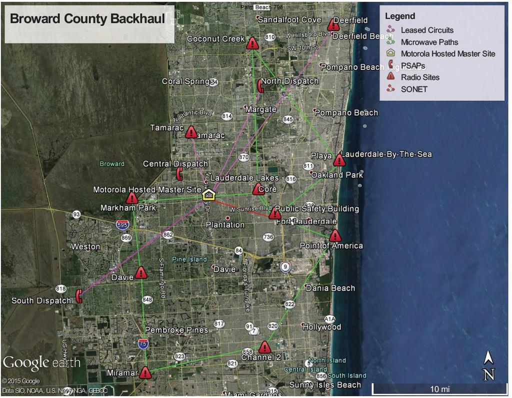 Figure 5 Broward County Backhaul Connectivity Dispatch Dispatch centers served by the Broward County communications systems include three regional consolidated PSAPs serving most public safety