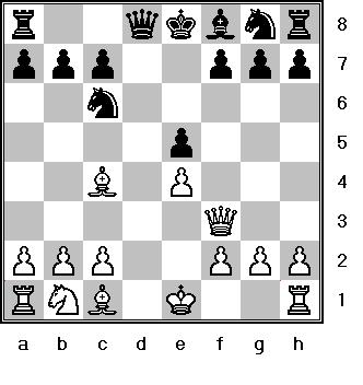 Black 5. Pd6xe5 or d6xe5 White 6. Bf1-c4 or f1-c4 Black 6. Nb8-c6 or b8-c6 White 7. Qf3-h5 or f3-h5 Black 7. Nc6-a5 or c6-a5 White 8. Qh5-f7# or h5-f7# (checkmate!