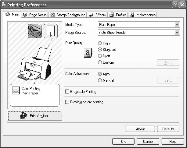 Basic Printing 3 Specify the required settings. (1) Click Media Type to select the type of media loaded in the printer. (2) Click OK.