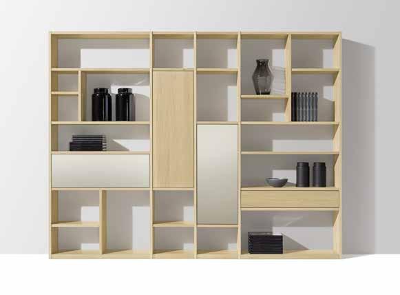 Wooden or glass shelves, movable LED spotlits, rear panels and much more are also available. Sliding display cabinets in front of the unit provide storage space for CDs, DVDs or books.