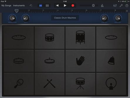 It can be tricky to replicate a drum beat with your fingers on the kit. Tap this button to switch to classic drum machine. The Undo button is very useful if you make a mistake.