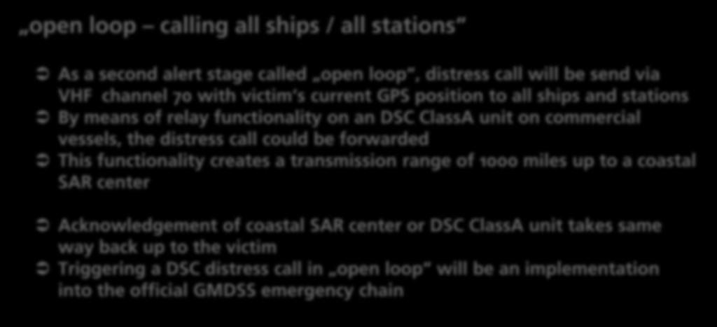 1 DSC Basics open loop calling all ships / all stations As a second alert stage called open loop, distress call will be send via VHF channel 70 with victim s current GPS position to all ships and