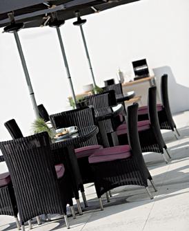 Mezzo Outdoor Wicker Mezzo Dining Side Chairs, 39" Square Dining Tables Welded aluminum frame Includes Sunbrella cushions, tempered glass Features stainless steel legs 5-year ltd.