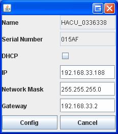 HMAM_Install_A.doc Page 15 of 20 Figure 8-4: Equipment addressing Set the new IP, Network Mask and Gateway address and confirm with the button Config. 8.2 Functionality Check and Adjustment of Axis Control The ACU setting is pre-adjusted to the default setting for control parameters.