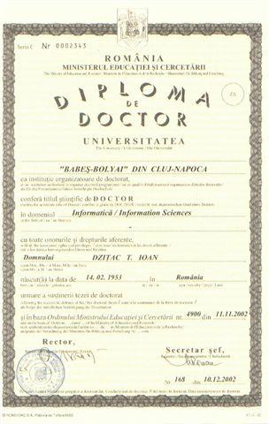 Universitatea Babeş-Bolyai din Cluj - Napoca, (1972-1977), Diplomă de licenţa în matematică (1977)(echivalentă