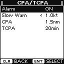 MENU MODE OPERATION D CPA/TCPA Alarm You can turn the collision alarm function ON or OFF. q Push [ ] or [ ] to select Alarm. w Push [ENT] to toggle this function ON or OFF.