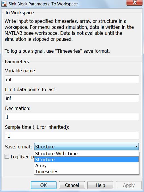 7 Figure 6. Block Parameter Block for To Workspace Blocks: Structure must be chosen as the Save Format. Enter a Transfer Function icon. This icon will come from the Continuous menu.