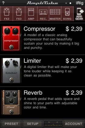 Add Gear Tapping on the ADD GEAR button takes you to the AmpliTube Custom Shop. Scroll through the list to read the name, description and price of the available models.