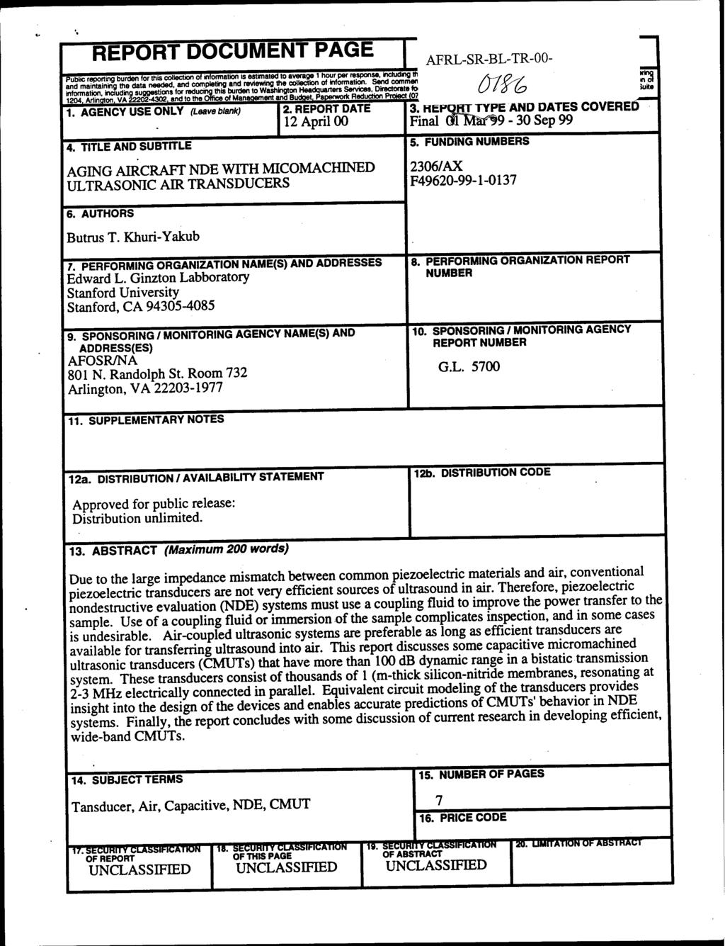 REPORT DOCUMENT PAGE AFRL-SR-BL-TR-00- information, including suggestions for lao^riinojon^va^fh^agjndtome 1. AGENCY USE ONLY (Leave blank) 4.
