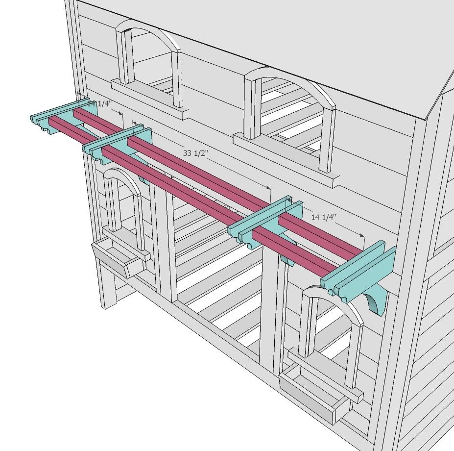 [29] Once all 4 brackets are installed, use the 2x2 strips to brace the pergola. The first row will sit back 4 from the front top edge and the second row will sit 4 back from the first.