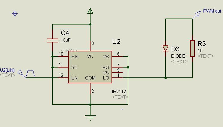The PWM output from Fuzzy Logic Controller will sent to IR2112 gate driver to increase the Vpp to 12 V for turn on and off gate MOSFET. The circuit is designed and showns as below in figure 3.14.