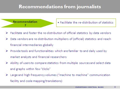 Overview of the fifteen recommendations from the market segment Journalists Communication initiatives Recommendations from journalists 15 recommendations Overview of statistics & core statistics Euro