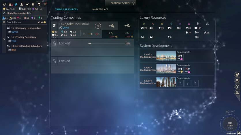 ECONOMY SCREEN INTRODUCTION Keeping on top of the galactic economy means monitoring the production of your systems, as well as managing your Trade Routes and Luxury Resources.
