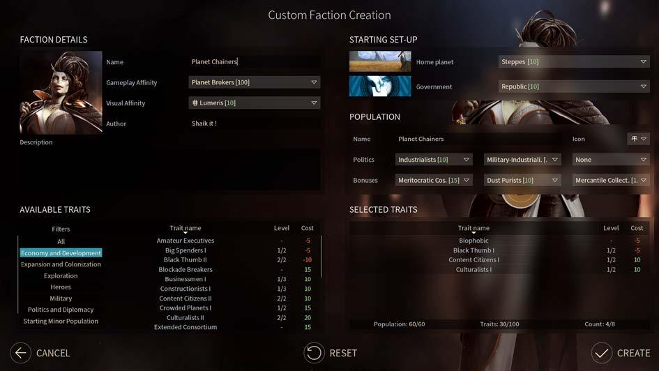 CUSTOM FACTION CREATION From the Faction selection screen, you can also able to create your personalized faction.