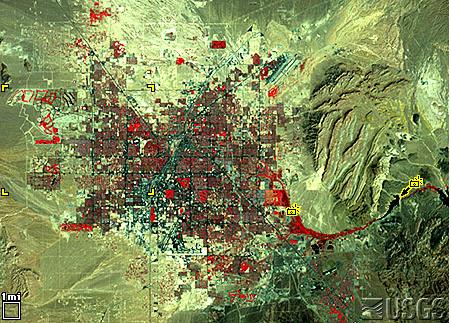 This is one of the fastest-growing areas in the United States. Population 1972: 273,000 Population 1992: 863,000 The tip of Lake Mead is visible east of the city (black color).