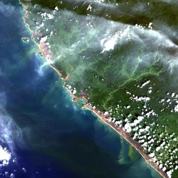 The Acheh Province is located on the northern end of Sumatra (part of Indonesia). The image pair shows that the western coastal area of Acheh changed from a green to brown color.