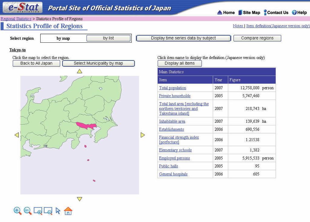 municipality in detail. Users can also express these respectively in terms of prefecture and municipality. Also, users can make up a graph from the principal data by extracting items and districts.