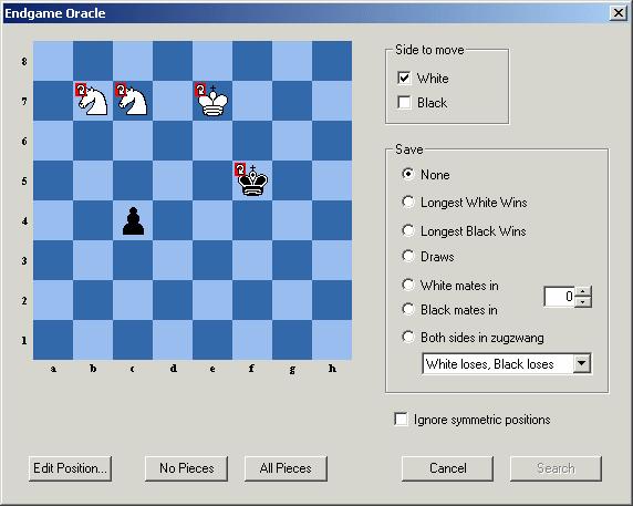 Using the menu Extras Endgame Oracle (or Ctrl-F12) we now get the endgame oracle input screen: By clicking each piece with the mouse you can set the different wildcard symbols for each piece.
