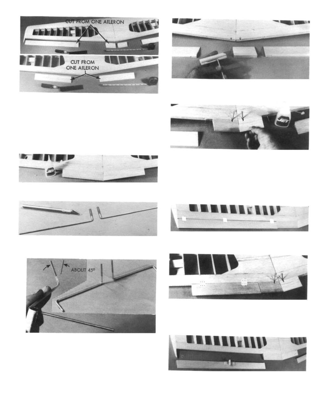 For aileron/flap wing cut parts as shown: two 19 ailerons, two 9-1/8 flaps, and two 3-1/4 T.E. inboard center sections. Cut over plan for exact size. Using a sharp tool, make 1/16 deep grooves in T.E. and in inboard sections.