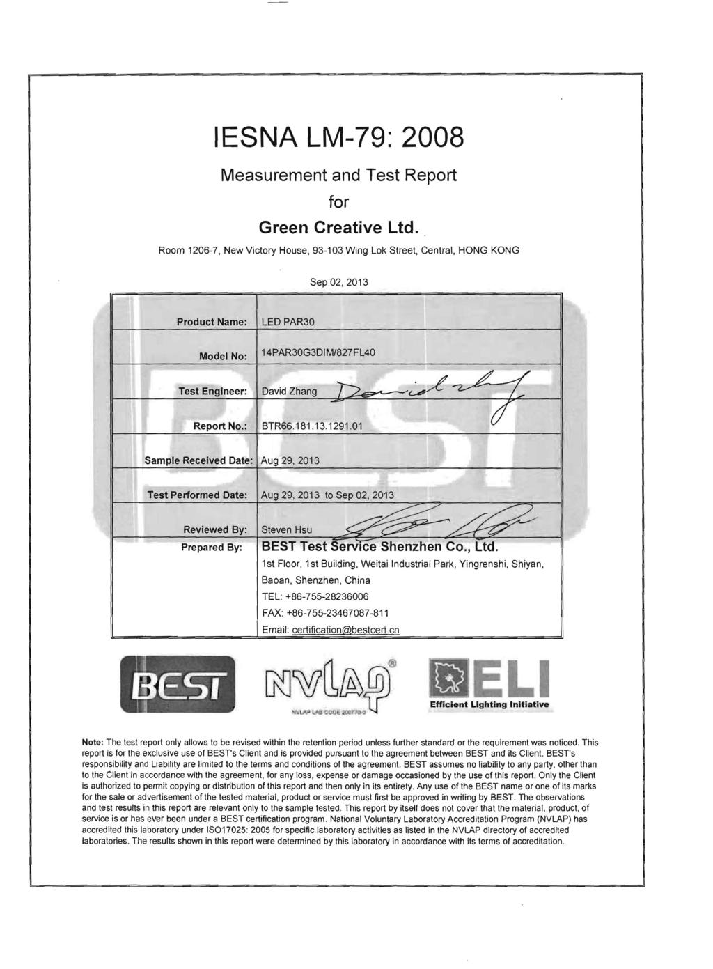 IESNA LM-79: 2008 Measurement and Test Report for Green Creative Ltd.