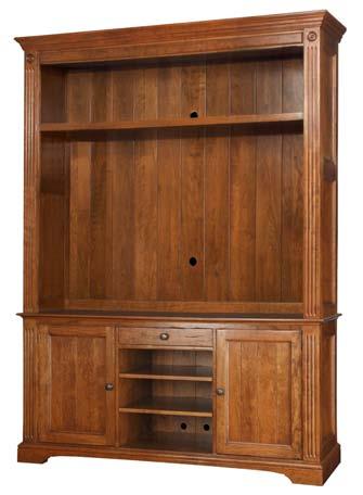 One adjustable shelf behind each door. One center drawer, Features fluted pilasters with incised rosettes. Open with shiplap back. One fixed shelf. Wire management holes.