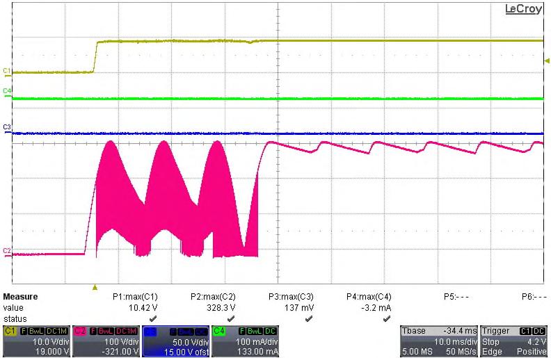 C: (Yellow) V cc voltage C: (Red) High side MOSFET drain voltage C3: (Blue) LED module voltage (VLED) C4: (Green) LED module current (ILED) Figure Waveform during start-up mode (6