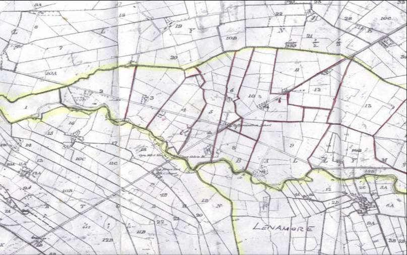 PRONI: VAL/2/A/5/25 [1858] Note that Hugh Mullan s holding ran from the Gelvin Burn, which was the boundary between Ballymacallion and the adjoining townland of Lenamore, down towards the crossroads