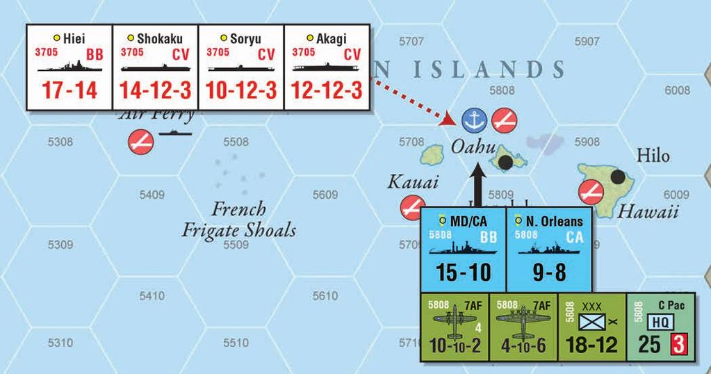 19.0 Comprehensive Example of Play Game Turn 1: December 1941 Card 1: Operation Z The Japanese naval units CVs Akagi, Soryu, Shokaku, Hiei move from Ominato (hex 3705) to hex 5506 and attack Oahu