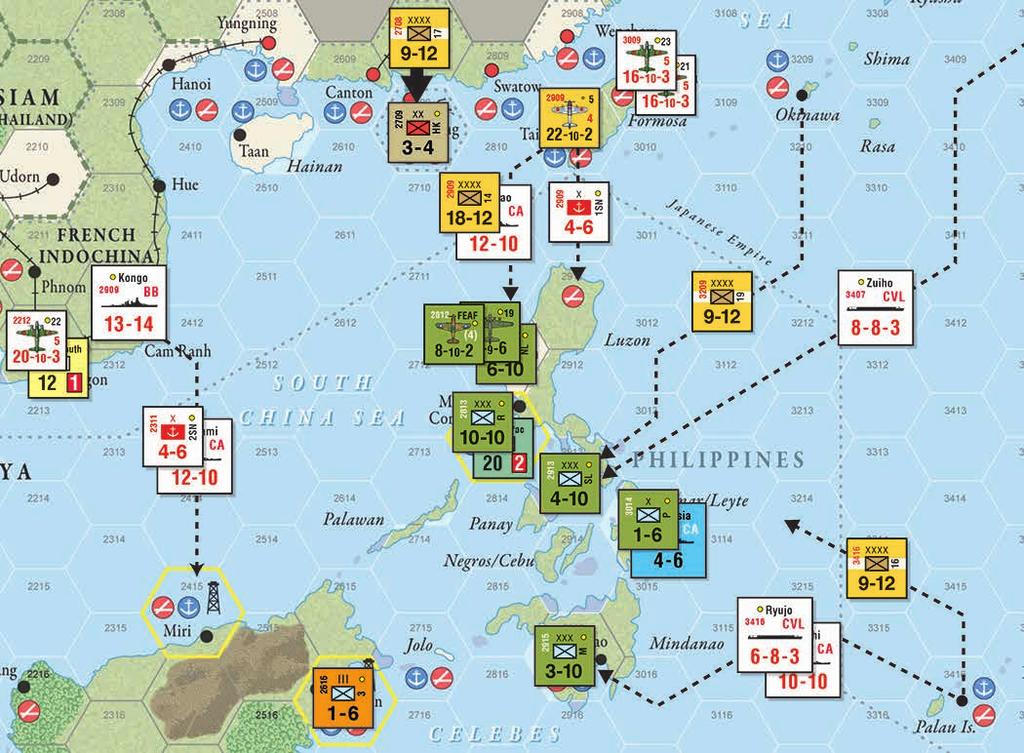 44 Empire of the Sun Philippines 1. 2909 and 3009: Activate 5th Air Division, 21st Air Flotilla and 23rd Air Flotilla. 2. 2909: Activate 1st SN and use Amphibious Assault (1 ASP) to move to hex 2911.