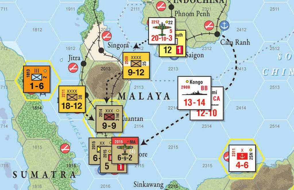 The Japanese have an attack strength of 9 (Air units 10 attack strength is halved due to extended range plus 4 for the CL Tenyru).