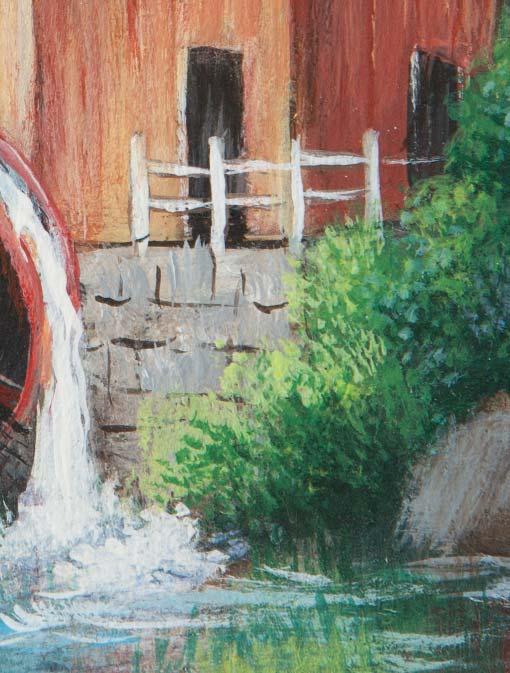 Bushes: Using the ½ Angular Bristle Brush, or a slightly worn size 12 Shader, start placing trees around the mill and waterfall. Remember to have enough paint, evenly distributed on the brush to work.