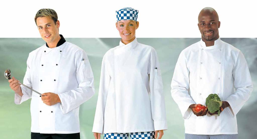 C823: Oxford Chefs Jacket S822: Dorset Crossover Jacket C833: Suffolk Chefs Jacket Unisex fit. Contrast collar, Black. Cuff vent. Sleeve pen pocket. Reversible front. Fabric: Kingsmill 5g.