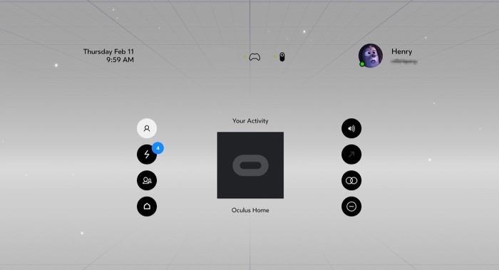 1. Time and date. 2. Oculus remote connection status. 3. Xbox controller connection status. 4. Oculus account information. 5. Activity your current game or app. 6.